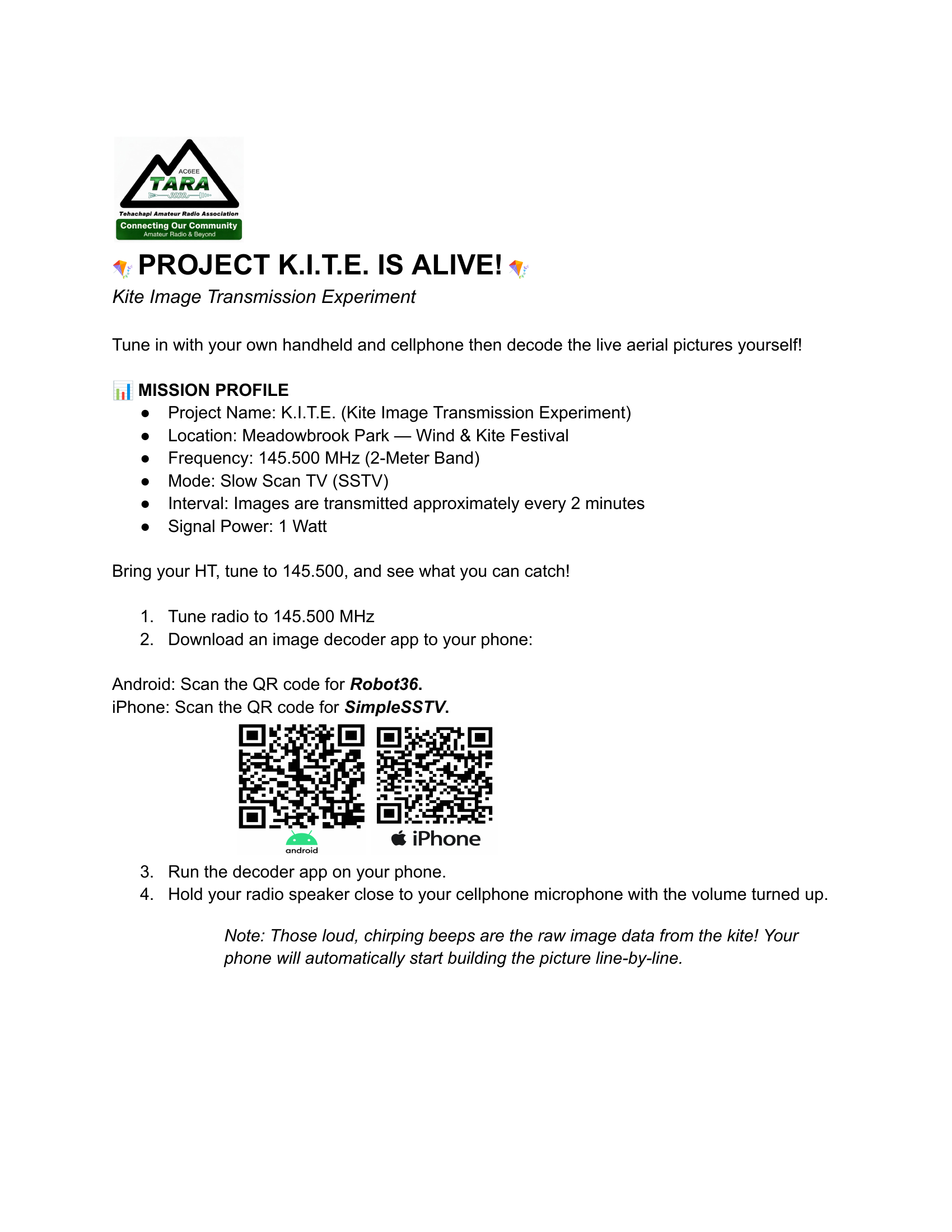 Project K.I.T.E. (Kite Image Transmission Experiment) flyer &mdash; tune to 145.500 MHz